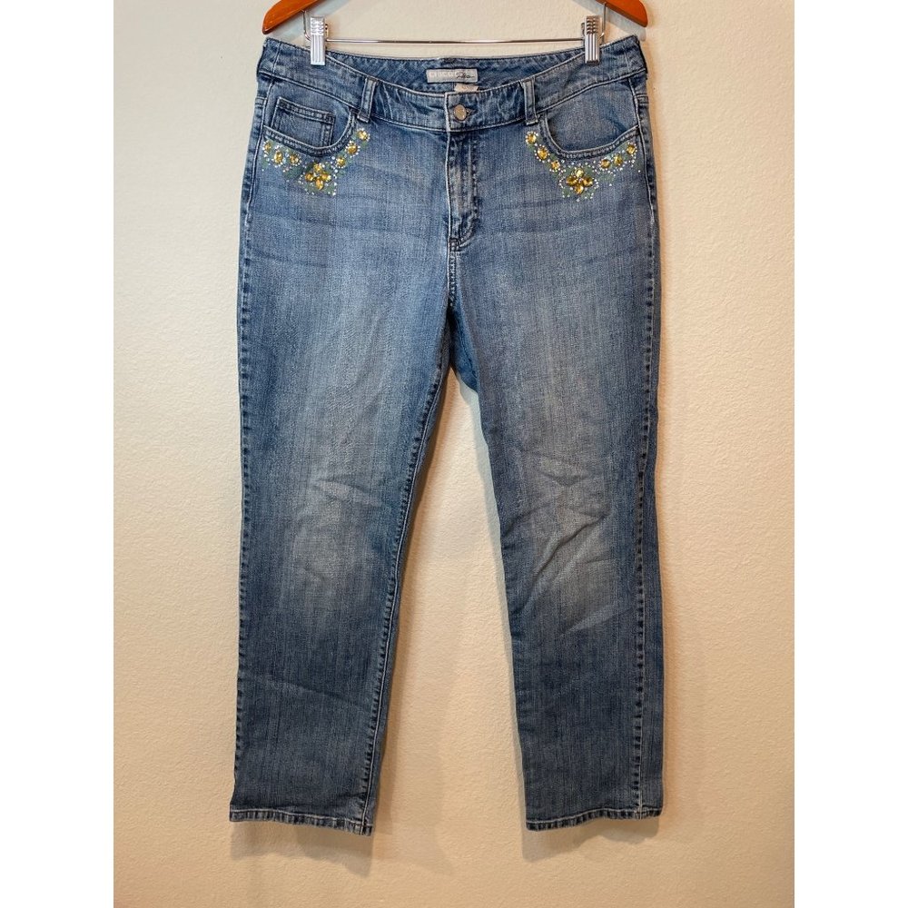 Chico's Platinum Light Wash Beaded Pocket Jeans